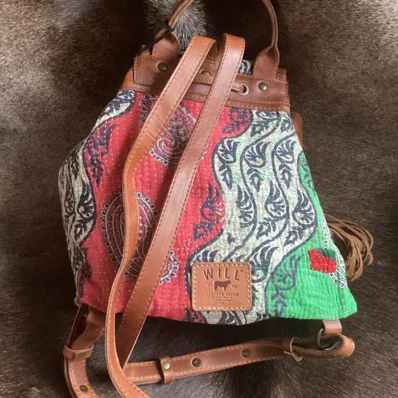 WILL Leather Goods Multi Colored Leather Cross Slouch Gather Drawstring Backpack - Picture 2 of 12